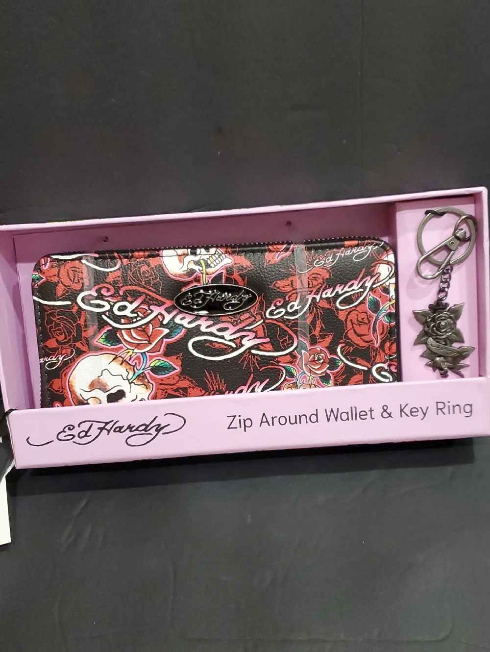 Ed Hardy‎ red black Ed Hardy printed gunmetal rose charm key ring wallet set new